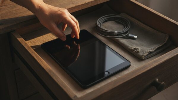 amazon alexa tablet bild 2 Älteres Fire-Tablet mit Ladekabel in einer Schublade