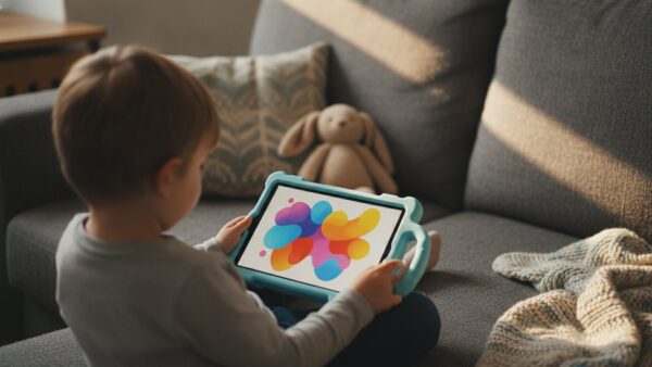 amazon alexa tablet bild 3 Kind auf dem Sofa mit einem Amazon Kids Tablet in SchutzhĂĽlle