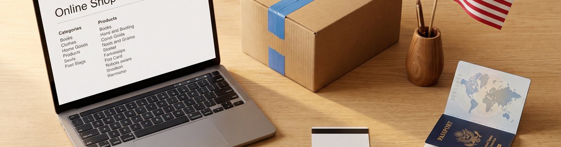 amazon.com Prime anmelden: Laptop, Versandkarton und Reisepass auf dem Schreibtisch