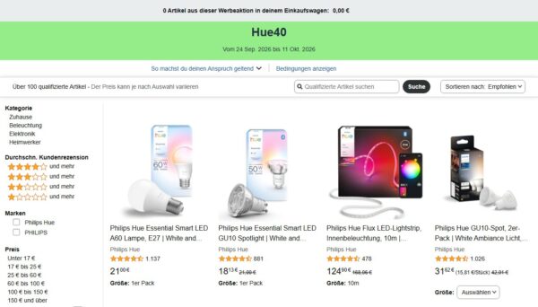 amazon hue40 aktion bis 11 10 2026 Screenshot der Amazon-Aktionsseite Hue40 mit Laufzeit bis 11.10.2026