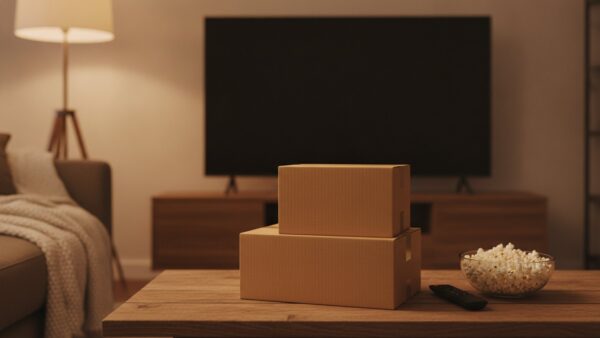 Versandkartons, Fernbedienung und Popcorn im Wohnzimmer – Symbolbild für Versand und Streaming mit Prime