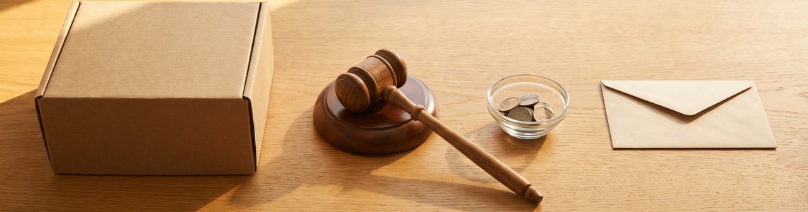 Versandkarton ohne Aufdruck, Richterhammer, Münzen in einer Glasschale und ein Briefumschlag auf einem Holzschreibtisch