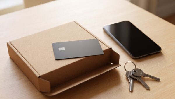 amazon visa bild 1 Amazon Visa als Symbolbild: neutrale Kreditkarte auf einem geöffneten Versandkarton neben einem Smartphone