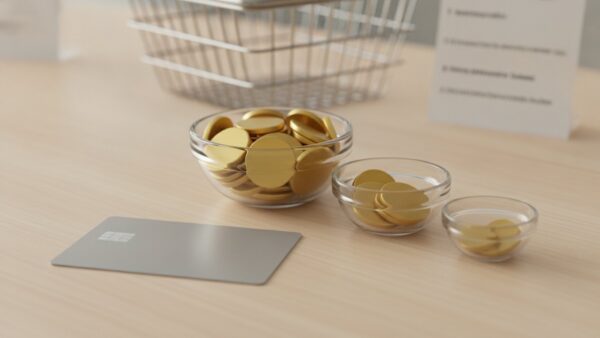 amazon visa bild 2 Kreditkarte neben drei Glasschalen mit goldfarbenen Spielsteinen als Symbol fĂĽr gesammelte Punkte