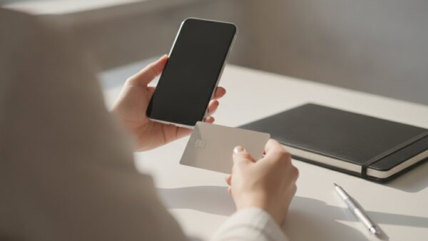 amazon visa bild 4 Hände halten ein Smartphone über einen Ausweis: Online-Identifizierung beim Antrag auf die Amazon Visa Karte