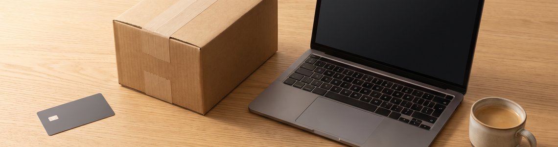 Neutrale Kreditkarte neben einem Versandkarton, einem Notebook und einer Tasse Kaffee auf einem Holzschreibtisch