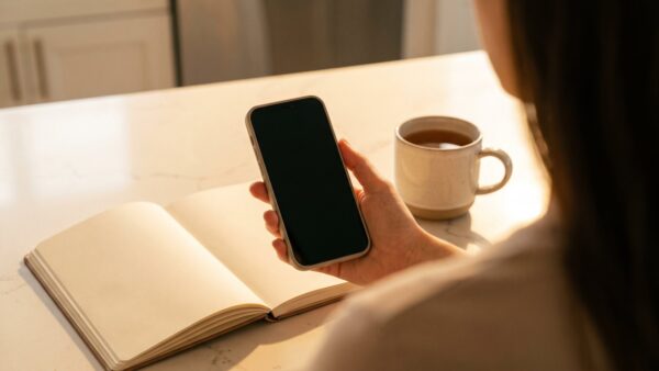 aok login bild 1 Hand mit Smartphone am KĂŒchentisch neben einem Notebook als Sinnbild fĂŒr den AOK Login im Browser und in der App