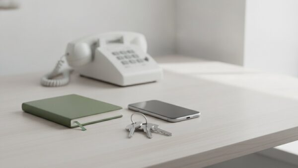 aok login bild 3 SchlĂŒsselbund, Notizbuch und Smartphone auf einem Schreibtisch, im Hintergrund ein Telefon, als Sinnbild fĂŒr vergessene Zugangsdaten
