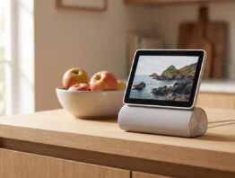 Kleines Smart-Display auf Lautsprechersockel in einer Küche, ähnlich Apple HomeView