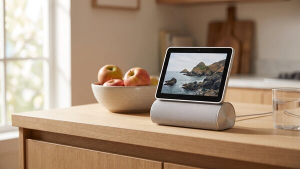 apple homeview bild 1 Kleines Smart-Display auf Lautsprechersockel in einer Küche, ähnlich Apple HomeView