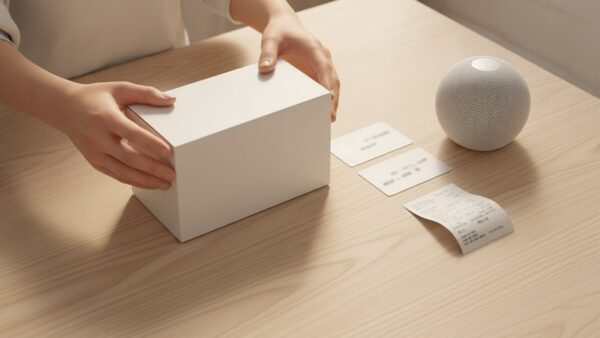 apple homeview bild 4 Hände öffnen ein Elektronik-Paket neben Geschenkkarten und einem kleinen runden Lautsprecher