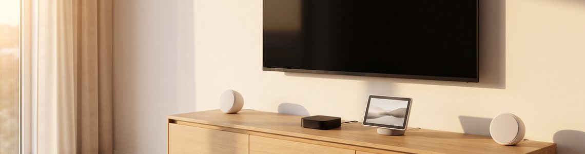 Wohnzimmer mit Fernseher, Streaming-Box, Smart-Display und runden Lautsprechern als Sinnbild für Apple HomeView, Apple TV 4K und HomePod mini 2