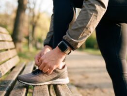 apple watch krankenkasse bild 1 Handgelenk mit Smartwatch beim Schnüren eines Laufschuhs auf einer Parkbank