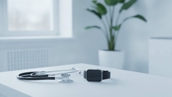 Stethoskop und Smartwatch auf einem weißen Tisch in einer hellen Arztpraxis