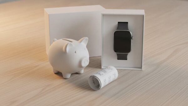 Smartwatch in einer weißen Schachtel neben einem weißen Sparschwein und einem Kassenbon