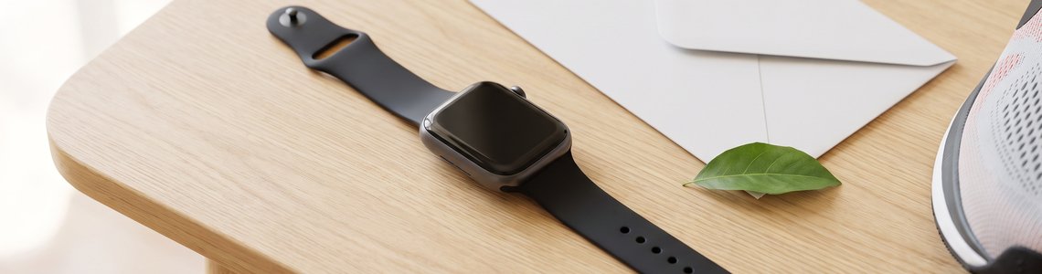 Smartwatch mit schwarzem Sportarmband neben einem Briefumschlag und einem Laufschuh auf einem Holztisch