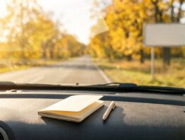 Blick aus dem Auto auf eine herbstliche Landstraße, auf dem Armaturenbrett ein leerer Notizblock für Fahrtkosten