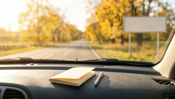 Blick aus dem Auto auf eine herbstliche Landstraße, auf dem Armaturenbrett ein leerer Notizblock für Fahrtkosten