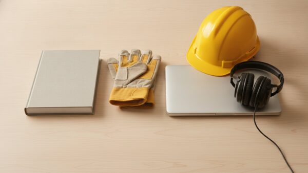 Fachbuch, Arbeitshandschuhe, zugeklappter Laptop, gelber Schutzhelm und Kopfhörer auf einem Holzschreibtisch