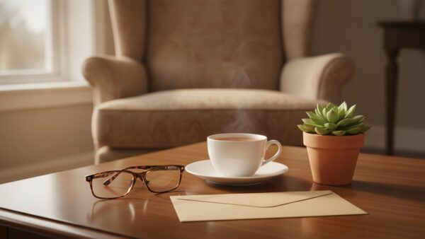 Wohnzimmertisch am Fenster mit Lesebrille, Teetasse, unbeschriftetem Briefumschlag und Grünpflanze