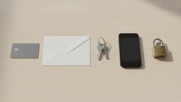 asos app gehackt bild 2 Unbeschriftete Bezahlkarte, Briefumschlag, Schlüsselbund und Vorhängeschloss auf einem Schreibtisch