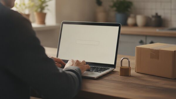 asos app gehackt bild 3 Person am Laptop ändert ein Passwort, daneben ein Vorhängeschloss und ein Versandpaket
