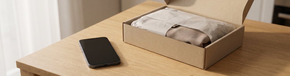 Smartphone, geöffnetes Modepaket und Vorhängeschloss auf einem Küchentisch