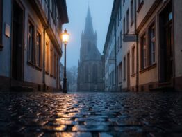Menschenleere Kopfsteinpflastergasse einer Fachwerkstadt bei Nacht, im Nebel ein gotischer Kirchturm