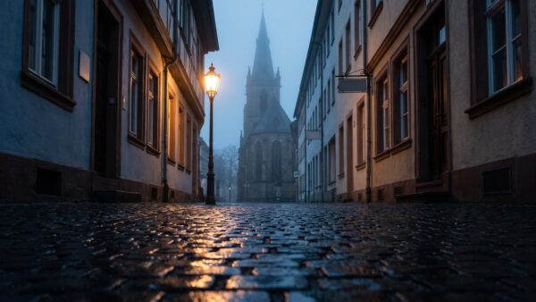 assassins creed hexe bild 1 Menschenleere Kopfsteinpflastergasse einer Fachwerkstadt bei Nacht, im Nebel ein gotischer Kirchturm
