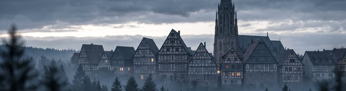 Mittelalterliche Fachwerkstadt mit gotischem Kirchturm hinter einem nebligen Nadelwald in der Dämmerung