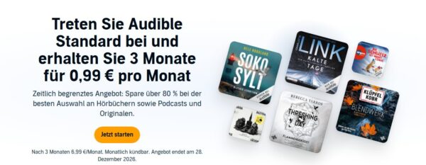 audible standard 3 monate 0 99 euro Screenshot der Amazon-Aktionsseite: Audible Standard 3 Monate für 0,99 € pro Monat