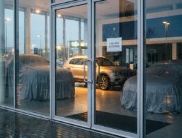 Autohaus-Showroom mit abgedeckten Neuwagen hinter einer Glasscheibe