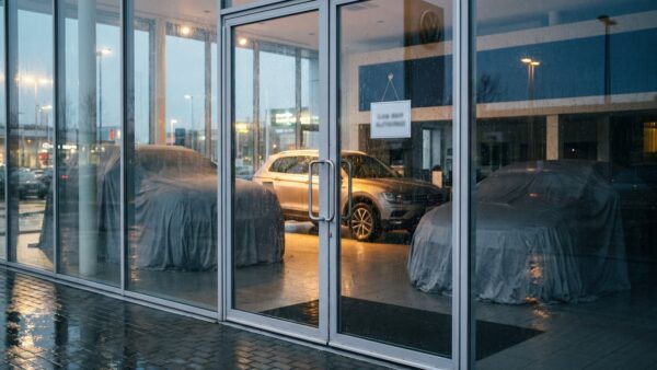 autohaus koenig insolvenz bild 1 Autohaus-Showroom mit abgedeckten Neuwagen hinter einer Glasscheibe