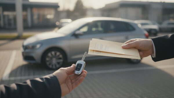 autohaus koenig insolvenz bild 4b Übergabe von Autoschlüssel und Fahrzeugpapieren vor einem Neuwagen