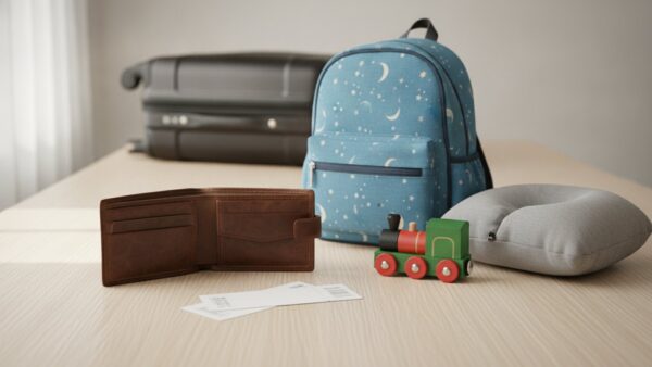 bahn familienticket bild 2 Geldbörse, blanke Fahrkarten, Kinderrucksack und Spielzeuglok auf einem Holztisch