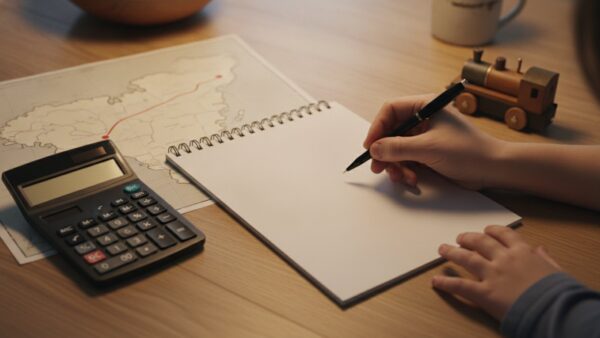bahn familienticket bild 3 Hände mit Stift, leerem Notizblock und Taschenrechner neben einer Landkarte und einem Spielzeugzug