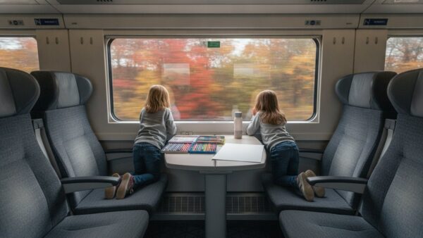 bahn familienticket bild 4 Zwei Kinder schauen an einem Tischplatz im Zug aus dem Fenster