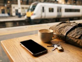 Smartphone, Kaffeetasse und Schlüsselbund mit Schloss-Anhänger auf einem Tisch im Bahnhofscafé als Symbol für den Deutsche Bahn Login
