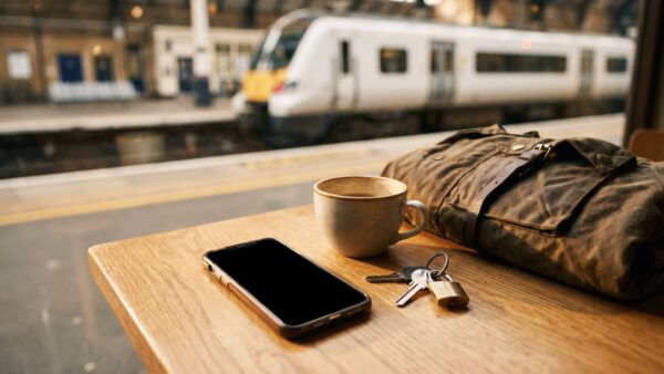 bahn login bild 1 Smartphone, Kaffeetasse und Schlüsselbund mit Schloss-Anhänger auf einem Tisch im Bahnhofscafé als Symbol für den Deutsche Bahn Login