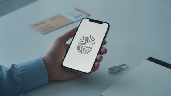 bahn login bild 3 Smartphone mit Fingerabdruck-Symbol, Sicherheitsschlüssel und leerer Notizzettel als Symbol für Passkey und Zwei-Faktor-Authentifizierung bei der Bahn
