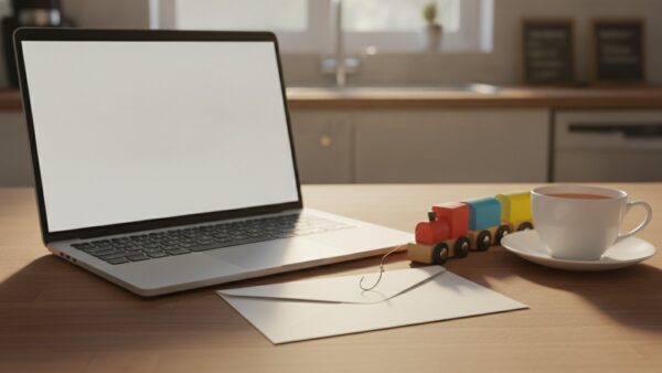 bahn login bild 4 Briefumschlag mit Angelhaken vor einem Laptop neben einem Holzzug als Symbol für Phishing-Mails im Namen der Deutschen Bahn