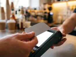 Hände halten eine Bankkarte kontaktlos an ein Kartenterminal