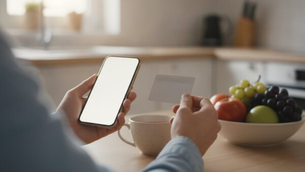 berliner volksbank neukundenbonus bild 4 Hände halten Smartphone und Ausweis bei der Video-Identifizierung am Küchentisch