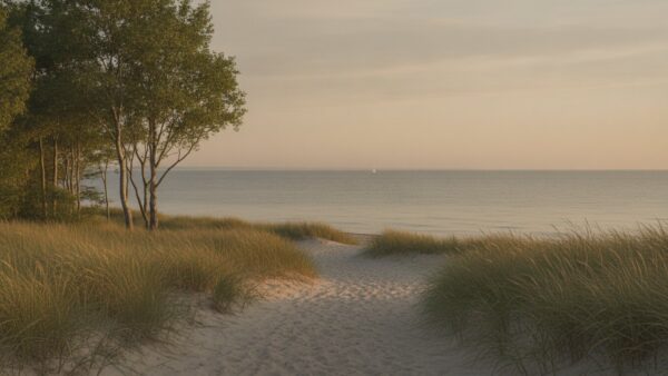 Ruhige Ostseeküste mit Dünen und Buchenwald im Abendlicht