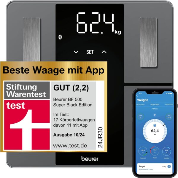 beurer bf 500 koerperfettwaage Beurer BF 500 Personenwaage mit Bluetooth & App, digitale Körperfettwaage mit Messung von Körperfett, Muskelanteil, Kalorienbedarf etc., XL-Display, Datenübertragung zu Apple Health & co., bis 180 kg Hellgrau