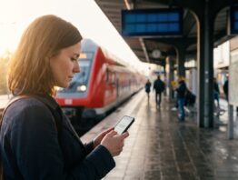 Pendlerin am Bahnsteig prüft ihr Deutschlandticket auf dem Smartphone