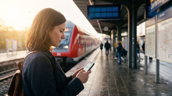 bild1 bahnsteig Pendlerin prüft am Bahnsteig ihr Deutschlandticket nach der Preiserhöhung 2027