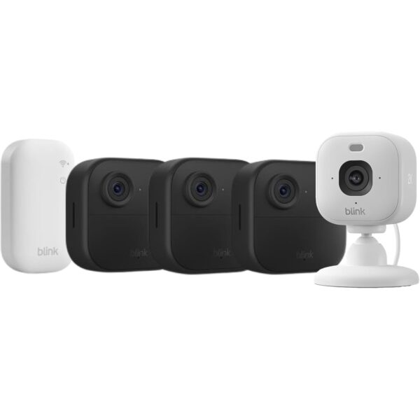 blink outdoor 4 vier kameras mini 2k plus Blink Outdoor 4 Außenkamera mit Blink Mini 2K+ Innenkamera und Sync Module Core