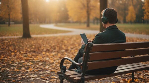 bookbeat kuendigen bild 4 Person von hinten auf einer Parkbank im Herbst, mit Kopfhörern und Smartphone