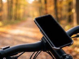 Smartphone in einer Halterung am Lenker eines E-Bikes vor einem herbstlichen Waldweg